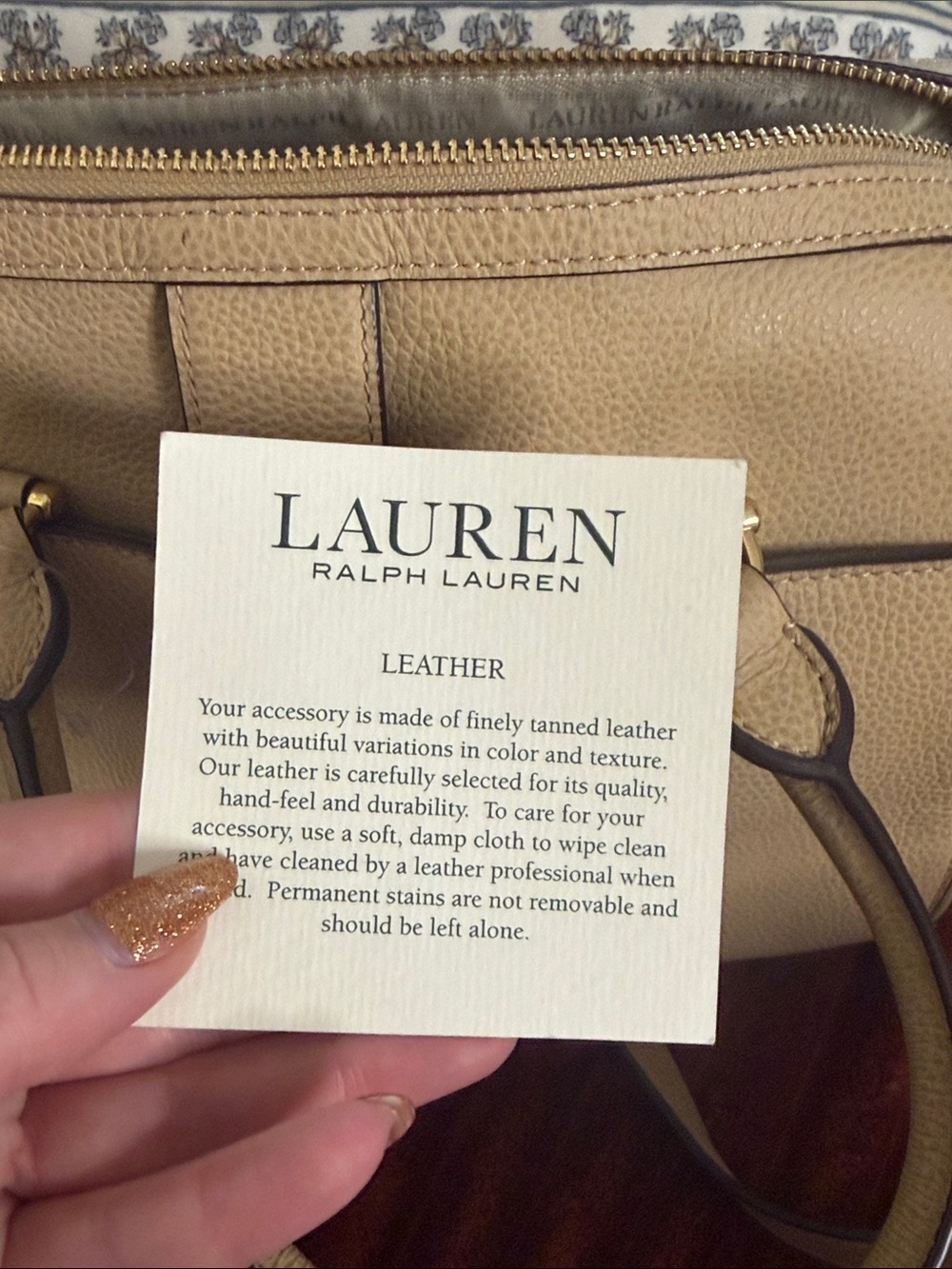 Lauren Ralph Lauren Beige Pebbled Leather Satchel with Gold RL Charm - Picture 9 of 9